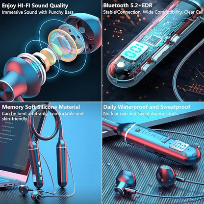 Wireless Neckband Bluetooth Headphones – 100H Playtime, Bluetooth 5.2 & LED Battery Display